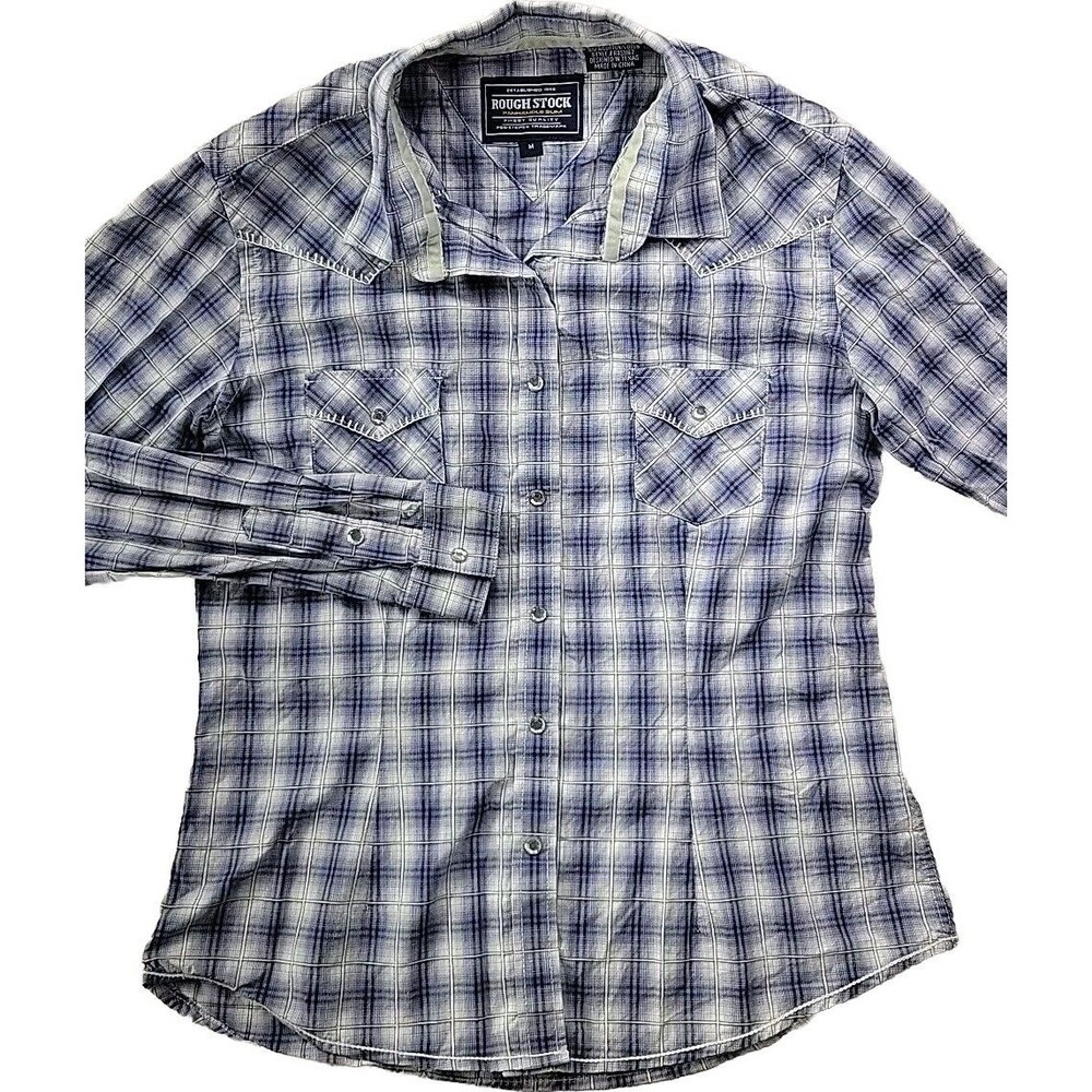 Rough Stock Panhandle Slim Women's M Blue Plaid Rhinestone Snap Cowgirls Western